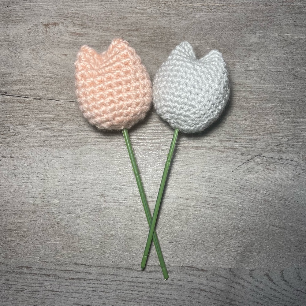 Crochet flower tulip flower handmade light pink and light gray
